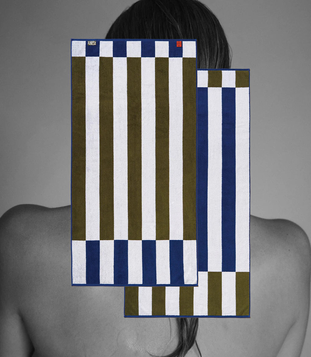 Typical Towel Offset Stripe Bath Towel - Studio Navy, Moss Green, White
