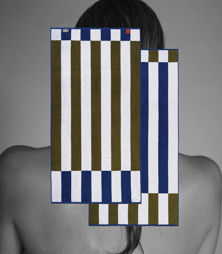 Typical Towel Offset Stripe Bath Towel - Studio Navy, Moss Green, White