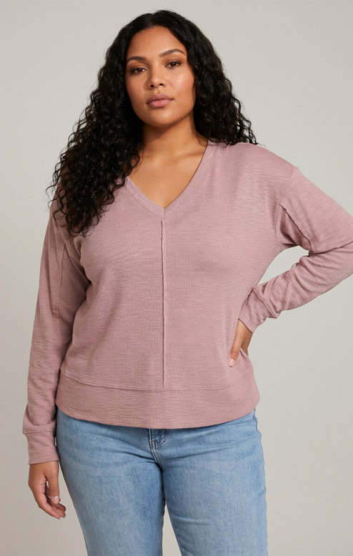 V-Neck Knit Top- Dusty Rose +