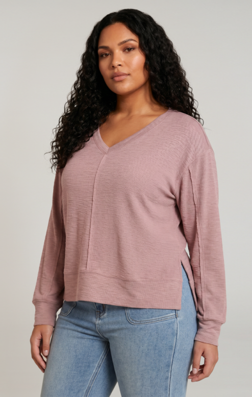 V-Neck Knit Top- Dusty Rose +