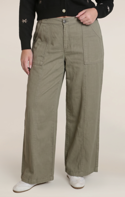 Twill Wide-Leg Pants- Washed Khaki +